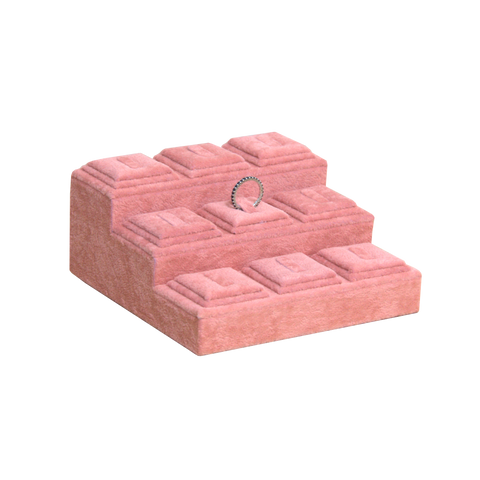 (0132RS) BASE ASCENDENTE DE TERCIOPELO ROSA PARA 9 ANILLOS  (15 x15 x 7.8 cm)
