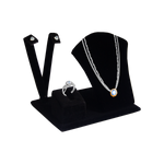 (0136NG) EXHIBIDORE MIXTO DE TERCIOPELO NEGRO PARA CADENA,ARETES Y ANILLO  (12 x 9 x 10.5 cm)
