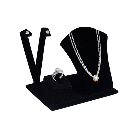 (0136NG) EXHIBIDORE MIXTO DE TERCIOPELO NEGRO PARA CADENA,ARETES Y ANILLO  (12 x 9 x 10.5 cm)