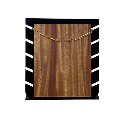 (07003)Exhibidor 5 cadena  acrilico negro con Parota (19x21x7cm)