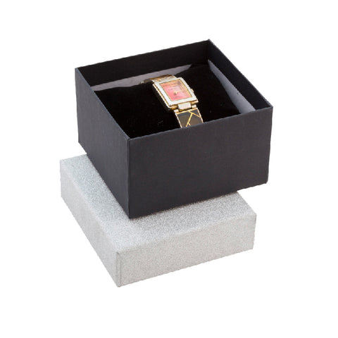 020806 (3006) Caja diamantina plateada, para reloj (8.5 x 9 x 5.5 cm)