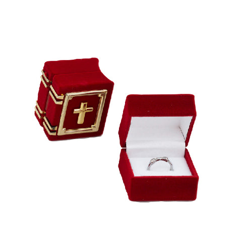 031614 (BIBLIACR) Estuche con forma de biblia en color rojo con cruz para anillo (4 x5 x 3.9 cm)