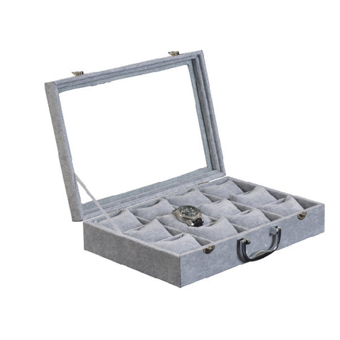 051610 (0141) Exhibidor de terciopelo gris, maleta para 12 relojes (35 x 24 x 8.5cm)